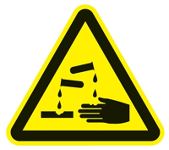 Warnzeichen, NW-Nr.: 3000277670 ätzende Stoffe 200x200mm, 3-eckig schwarz/gelb ASR A1.3/DIN4844-2/BGV A8, Kunststoffschild  