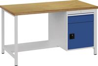 Werkbank signalblau lichtgrau B1500xH859xT750mm Buche Multipl.40mm 1Schubl.1Tür