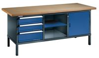 Werkbank B2000xT700xH845 li.2x150 1x200 re.1 Tür 1 Fach anthr./taubenblau 40mm