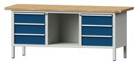 Werkbank B2000xT700xH840mm Buche massiv lichtgrau/blau 6Schubl.TECWERK
