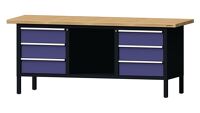 Werkbank B2000xT700xH840mm Buche massiv grau/taubenblau,NCS 6Schubl.TECWERK