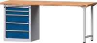 Werkbank B2000xT700xH840mm Buche massiv lichtgrau/blau 5Schubl.TECWERK