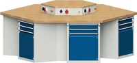 Sechseckwerkbank B2340xT2700xH850mm Buche massiv lichtgrau/blau 12Schubl.6T TW
