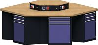 Sechseckwerkbank B2340xT2700xH850mm Buche massiv grau/t.blau NCS 12Schubl.6T.TW