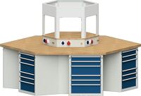 Sechseckwerkbank B2340xT2700xH850mm Buche massiv lichtgrau/blau 36Schubl.TECWERK