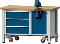 Montagewerkbank Buche-Massiv B1270xT700xH840mm fahrb.blau/grau 50mm 3 Schubl.TW