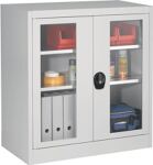 Flügeltürenschrank H1016xB950xT420mm lichtgrau 2 BD Sichtfenstert.MAUSER