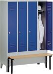 Garderobenschrank m.untergebauter Sitzbank H2090xB1190xT500/820mm grau/blau 4Abt