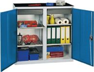 Werkzeug-/Beistellschrank H1000xB1000xT500mm 2 Schubl.,4 BD lichtgrau/signalblau