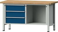 Werkbank V B1500xT700xH890mm Universalplatte lichtgrau/blau 3Schubl.offenes Fach