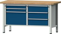 Werkbank V B1500xT700xH840mm Buche massiv lichtgrau/blau 6 Schubl.360mm li.ANKE