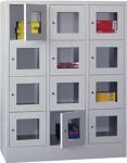 Fächerschrank H1850xB1230xT500mm m.Sockel Anz.Fächer 3x5 grau/blau Sichtfenstert