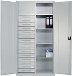 Flügeltürenschrank H1950xB1200xT500mm 1 Schließfach 15 Schubl. 4 Böden grau/anth