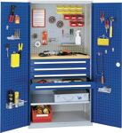 Flügeltürenschrank Lochpl. H1950xB1000xT600 1Boden 4Schubl.1Werkbankpl.grau/blau