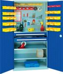 Flügeltürenschrank Schlitzpl. H1950xB1000xT600 3 Böden 2 Schubladen grau/blau