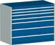 Schubladenschrank H1000xB1300xT750 2x75/100/200 1x150 lichtgr./enzianbl. 75kg VA