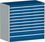 Schubladenschrank H1200xB1300xT750 8x100 2x150 lichtgrau/enzianblau 75kg VA