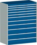 Schubladenschrank H1600xB1300xT750 2x75 3x100/150/200 lichtgr./enzianbl. 75kg VA