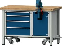 Montagewerkbank Buche massiv B1270xT700xH850mm fahrbar blau/grau 50mm 4Schubl.