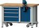 Montagewerkbank Buche massiv B1270xT700xH850mm fahrbar blau/grau 50mm 4Schubl.