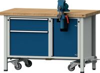 Montagewerkbank Buche massiv B1270xT700xH850mm fahrbar blau/grau 50mm 2Schubl.