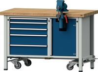 Montagewerkbank Buche massiv B1270xT700xH850mm fahrbar blau/grau 50mm 5Schubl.