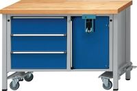 Montagewerkbank Buche massiv B1270xT700xH850mm fahrbar blau/grau 50mm 3Schubl.