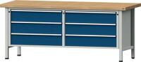 Werkbank VX B2000xT800xH900mm Buche massiv lichtgrau enzianblau Anz.Schubl.6x180