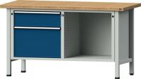 Werkbank V B1500xT700xH840mm Buche massiv lichtgrau/blau 2 Schubl.offenes Fach