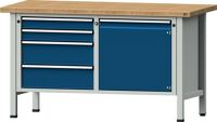 Werkbank V B1500xT700xH840mm Buche massiv lichtgrau/blau 4 Schubl.1 Tür ANKE