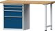Werkbank V B1500xT700xH890mm Buche grau/blau Anz.Schubl.xH 2x90,1x180,1x360mm