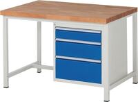 Werkbank Classic B1250xT900xH840mm Buche massiv grau blau 3 Gr.L Schubl.RAU