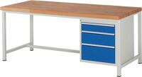 Werkbank Classic B2000xT900xH840mm Buche massiv grau blau 3 Gr.L Schubl.RAU