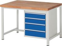 Werkbank Classic B1250xT900xH840mm Buche massiv lichtgrau enzianblau 4Schubl.RAU