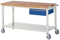 Werkbank Classic B1500xT700xH880mm Buche massiv lichtgrau/blau 1 Schubl.fahrbar