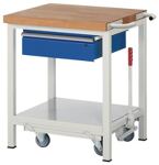 Werkbank Classic B750xT700xH880mm Buche massiv grau blau 1Schubl.fahrb.absenkb.