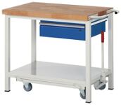 Werkbank Classic B1000xT700xH880mm Buche massiv grau blau 1Schubl.fahrb.absenkb.