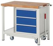 Werkbank Classic B1000xT700xH880mm Buche grau/blau 3Schubl.fahrbar u.absenkbar