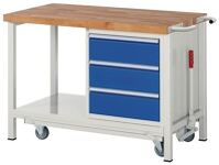 Werkbank Classic B1250xT700xH880mm Buche grau/blau 3 Schubl.fahrbar u.absenkbar