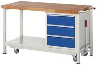 Werkbank Classic B1500xT700xH880mm Buche grau/blau 3 Schubl.fahrbar u.absenkbar