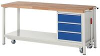 Werkbank Classic B2000xT700xH880mm Buche grau/blau 3 Schubl.fahrbar u.absenkbar