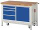 Werkbank Classic B1250xT700xH880mm Buche grau blau 4 Schubl.1Tür fahrbar RAU