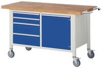 Werkbank Classic B1500xT700xH880mm Buche massiv grau blau 4 Schubl.1Tür RAU
