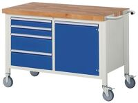 Werkbank Classic B1500xT700xH880mm Buche massiv lichtgrau/blau 4 Schubl.1Tür RAU