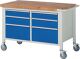 Werkbank Classic B1250xT700xH880mm Buche massiv lichtgrau/blau 6 Schubl.fahrbar