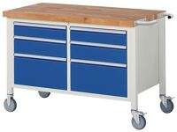 Werkbank Classic B1250xT700xH880mm Buche massiv lichtgrau/blau 6 Schubl.fahrbar
