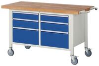 Werkbank Classic B1500xT700xH880mm Buche massiv lichtgrau/blau 6 Schubl.fahrbar