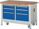 Werkbank Classic B1250xT700xH880mm Buche massiv grau blau 6Schubl.fahrb.absenkb.