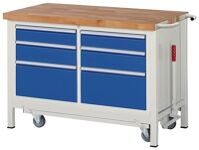 Werkbank Classic B1250xT700xH880mm Buche massiv grau blau 6Schubl.fahrb.absenkb.