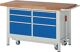 Werkbank Classic B1500xT700xH880mm Buche massiv grau blau 6Schubl.fahrb.absenkb.